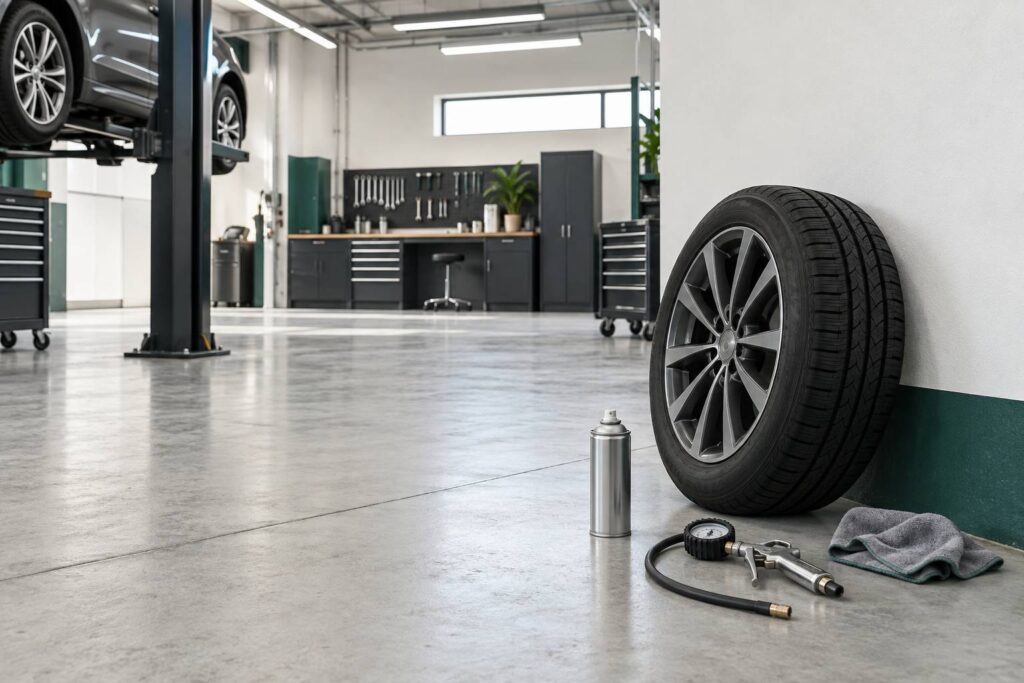 Roue demontee et aerosol neutre dans un atelier automobile clair