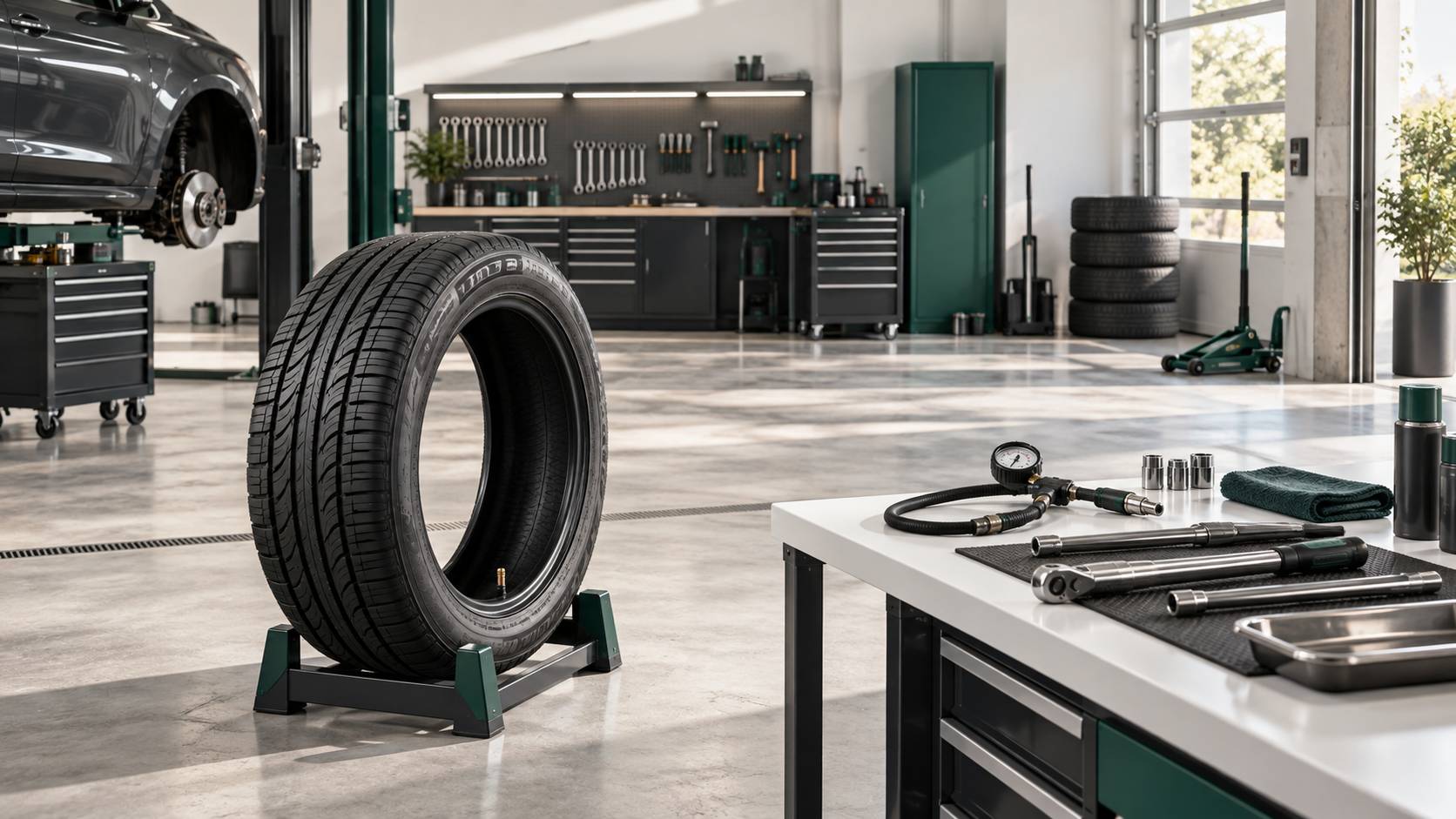 Pneu sur support et outils de controle sur un etabli de garage