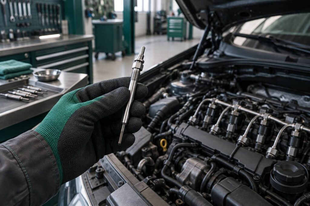 Main gantée présentant une bougie de préchauffage neuve devant un moteur diesel