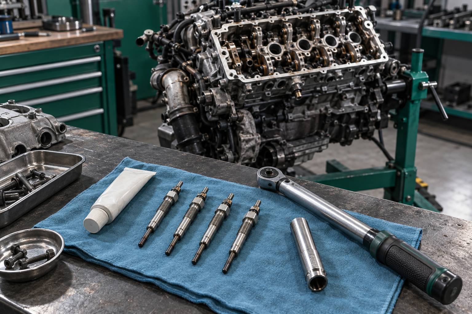 Bougies de préchauffage alignées avec clé dynamométrique sur un établi