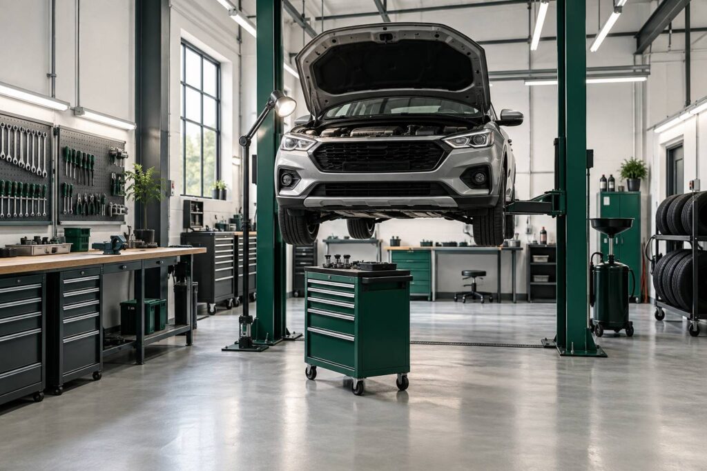 Atelier automobile clair avec véhicule sur pont élévateur et capot ouvert