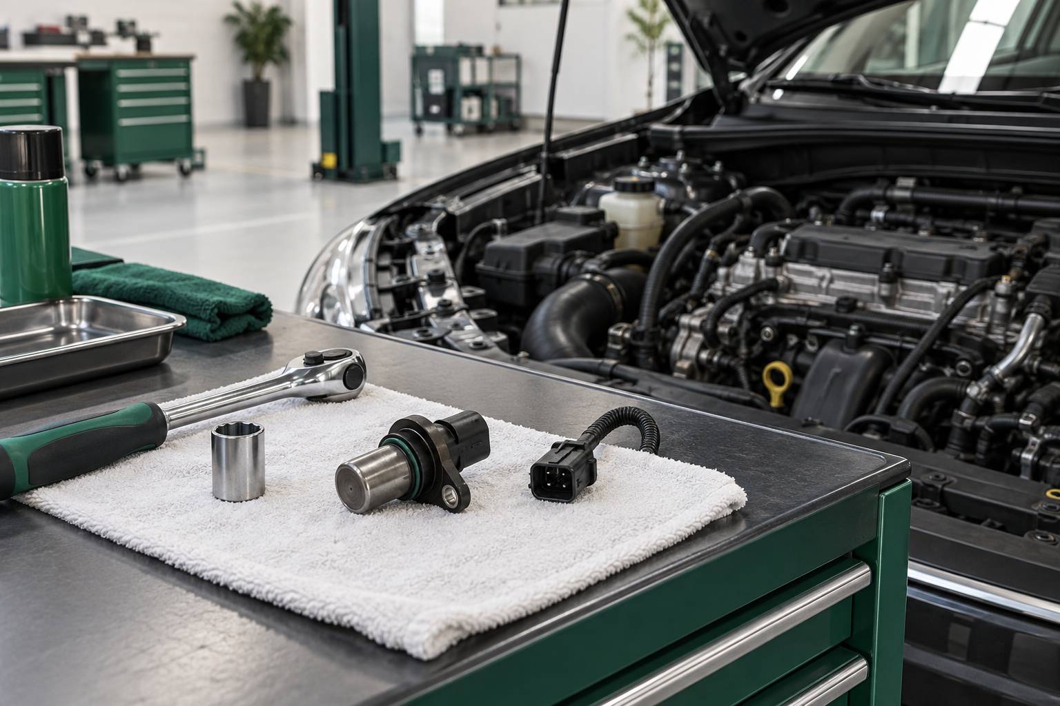 Petit capteur cylindrique sur un chiffon près d'un moteur en réparation