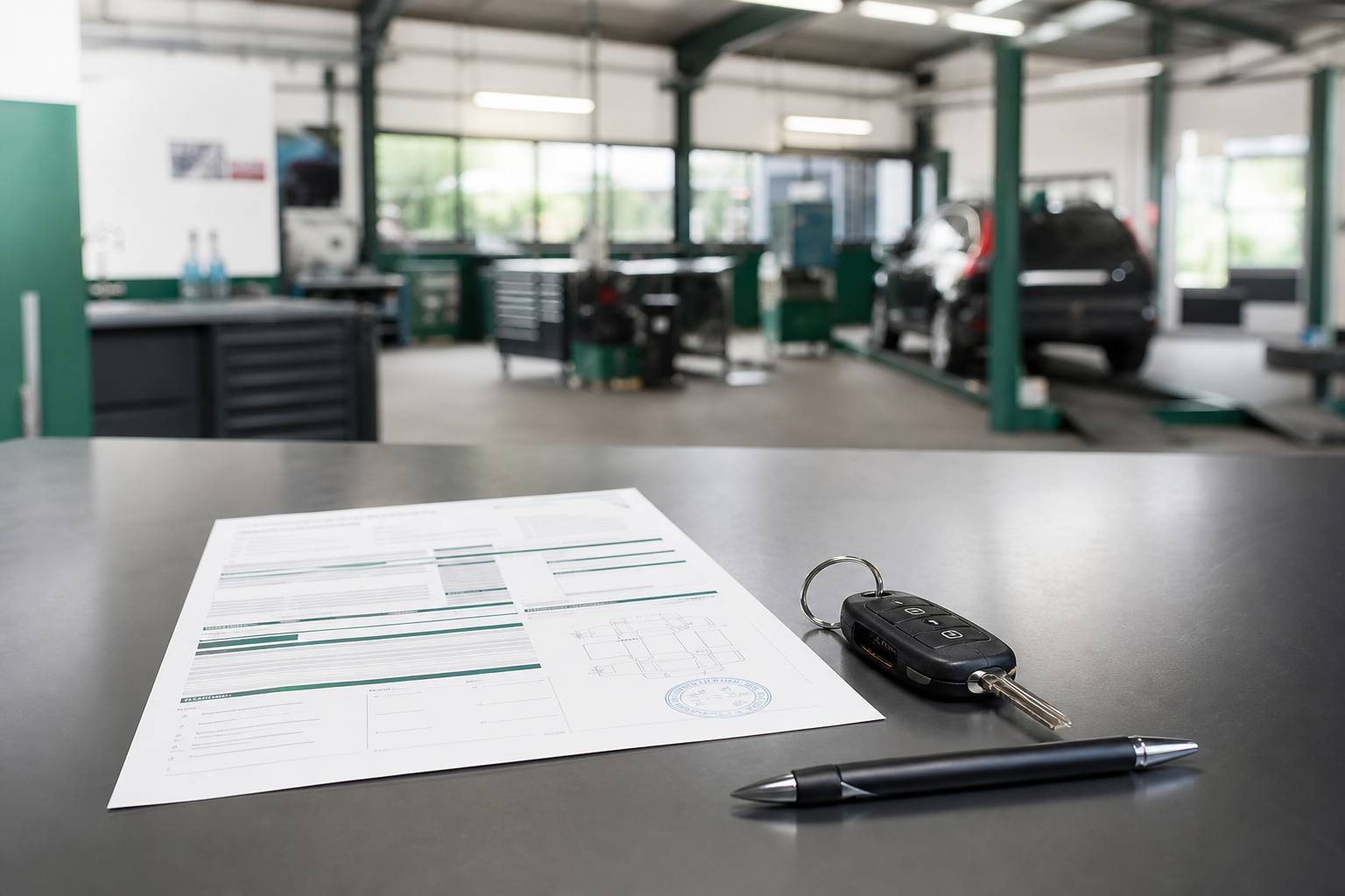 Document administratif tamponné avec clés de voiture sur une table d'atelier