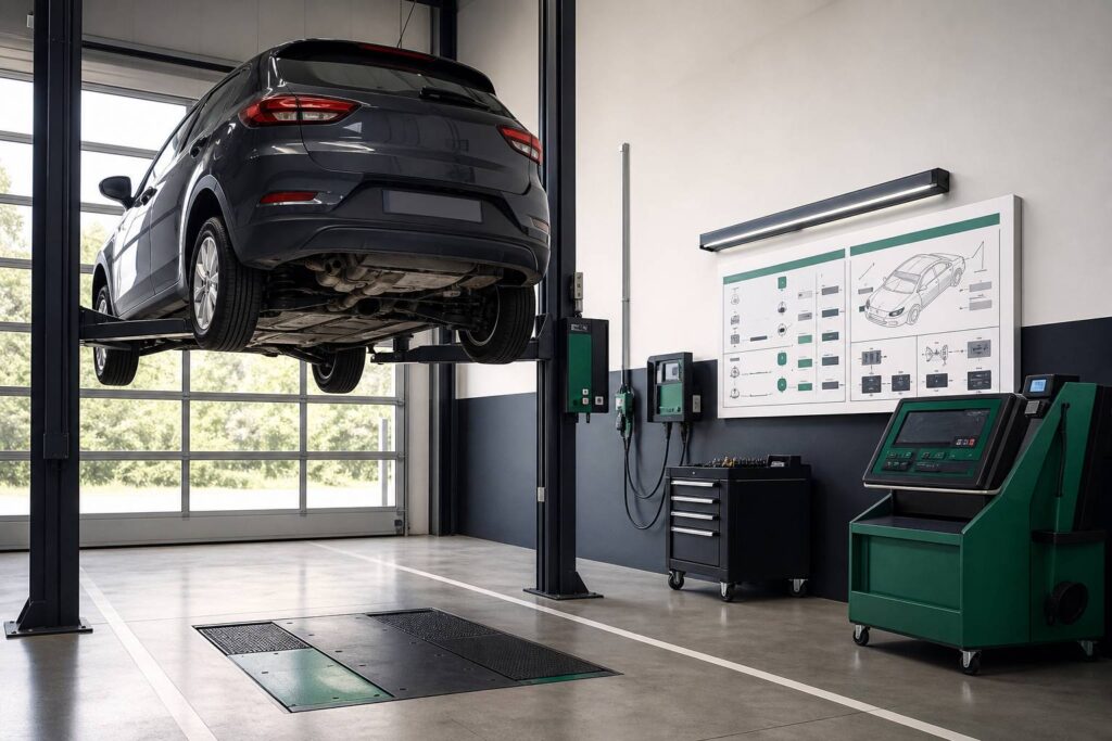 Voiture compacte sur un pont élévateur dans un atelier de contrôle technique bien éclairé