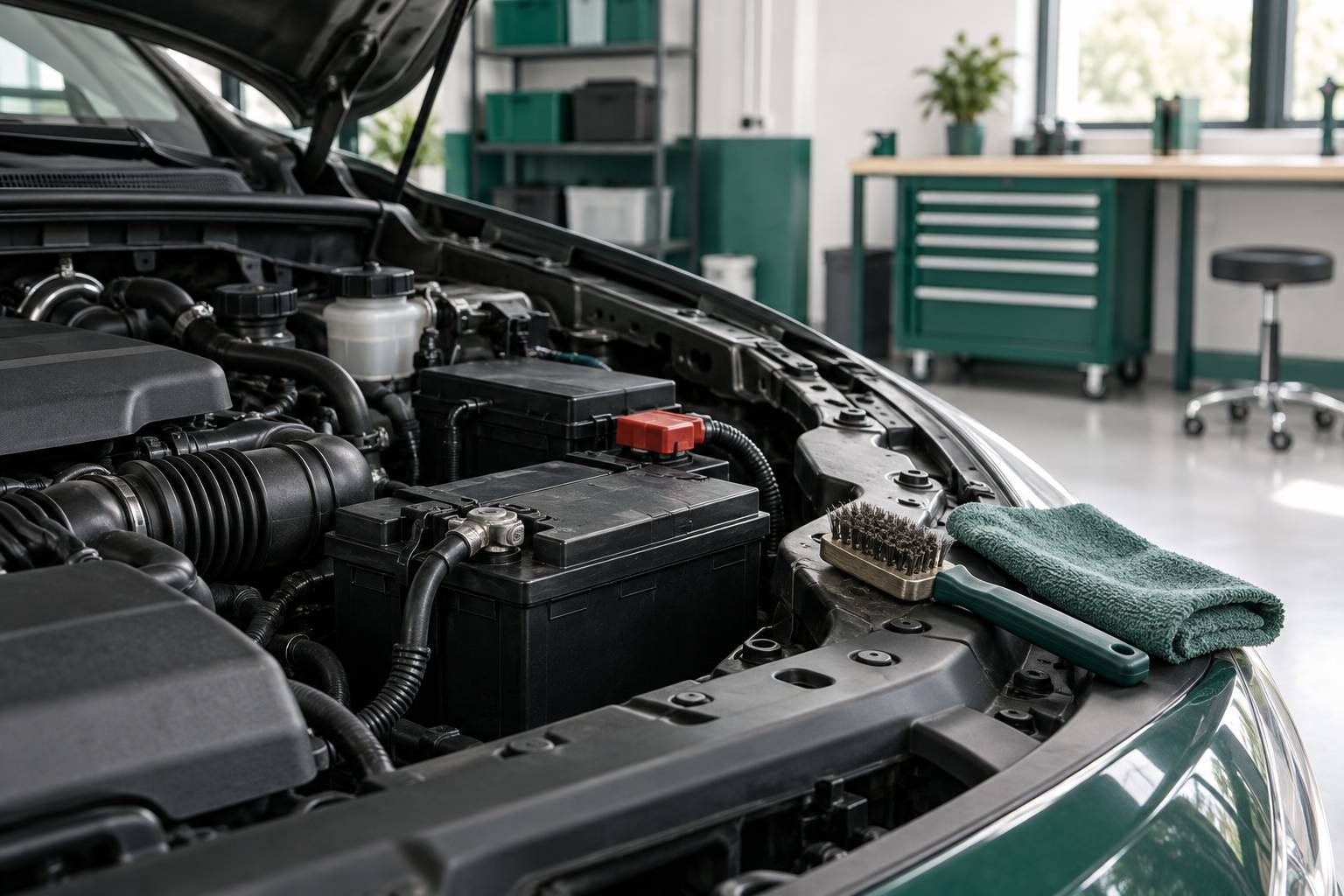 Borne de batterie et cosse dans un compartiment moteur ouvert