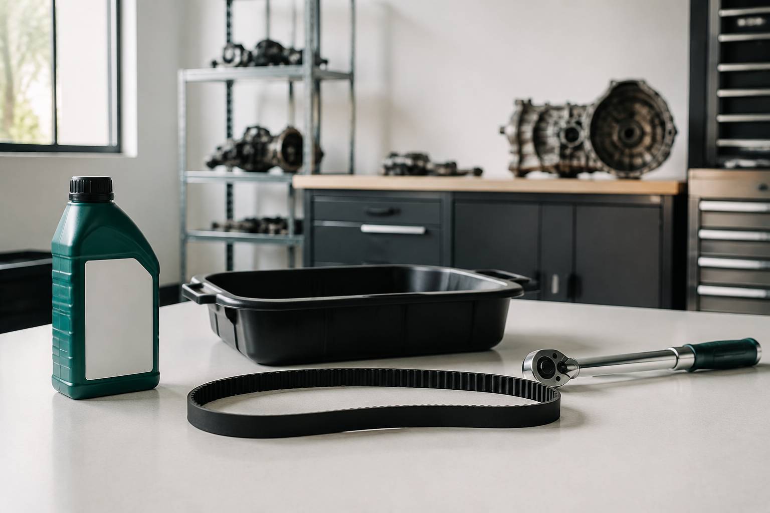 Fluide de transmission et courroie CVT neuve sur une table d'atelier