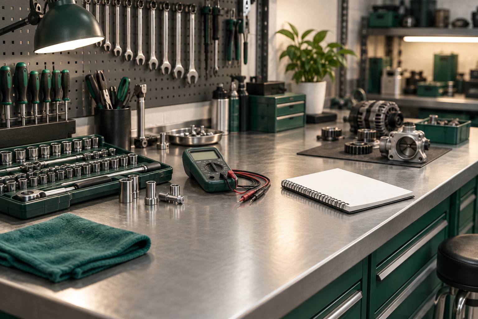 Atelier de reparation automobile avec vehicule sur pont elevateur et outils