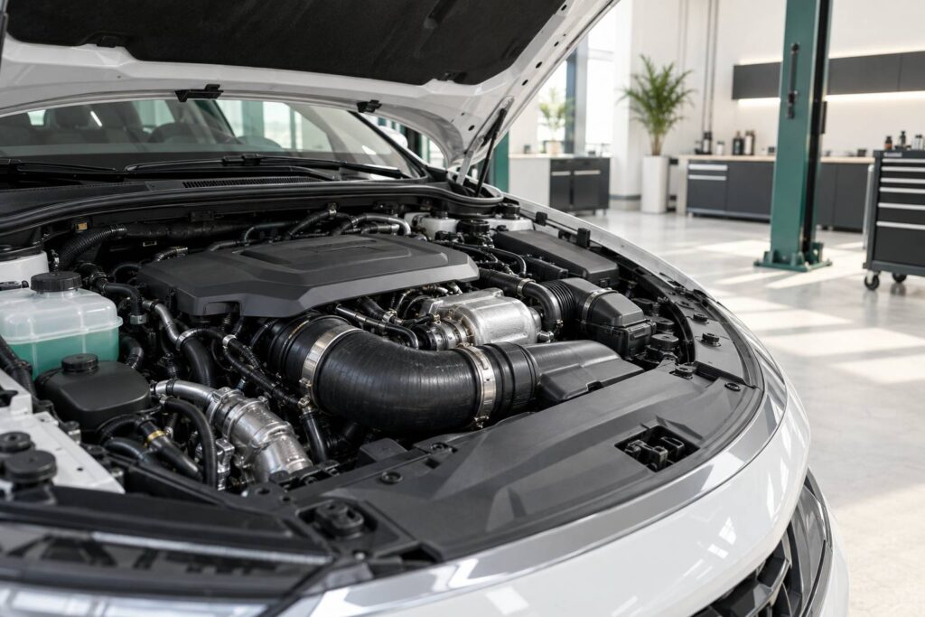 Durite de turbo visible sous un capot ouvert dans un atelier automobile propre