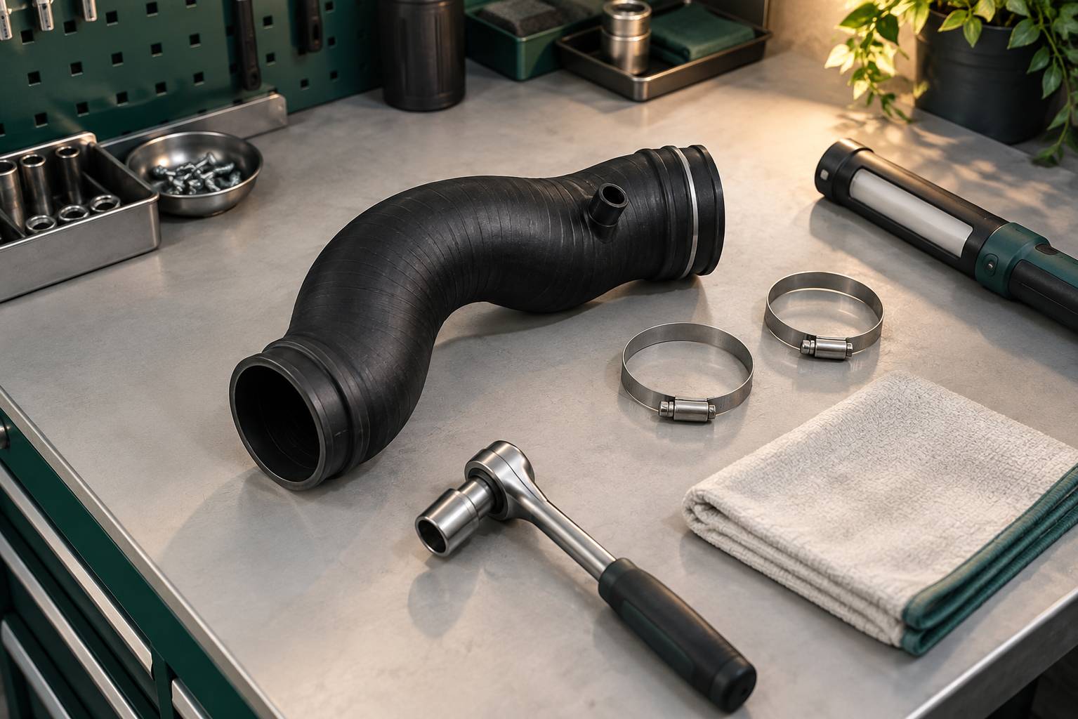 Durite de turbo neuve et colliers alignes sur un etabli d'atelier