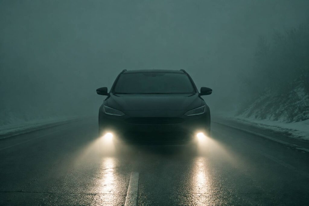 Voiture générique dans le brouillard avec ses feux de brouillard avant allumés projetant des cônes de lumière