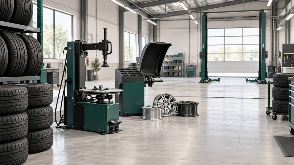 Atelier de pneumatiques avec pneus neufs empilés et machine d'équilibrage
