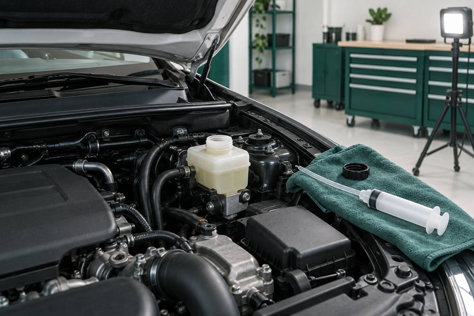 Réservoir de direction assistée ouvert avec seringue d'appoint dans un moteur