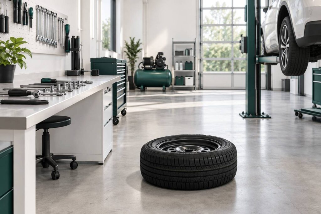 Pneu demonte et outils de reparation dans un atelier propre