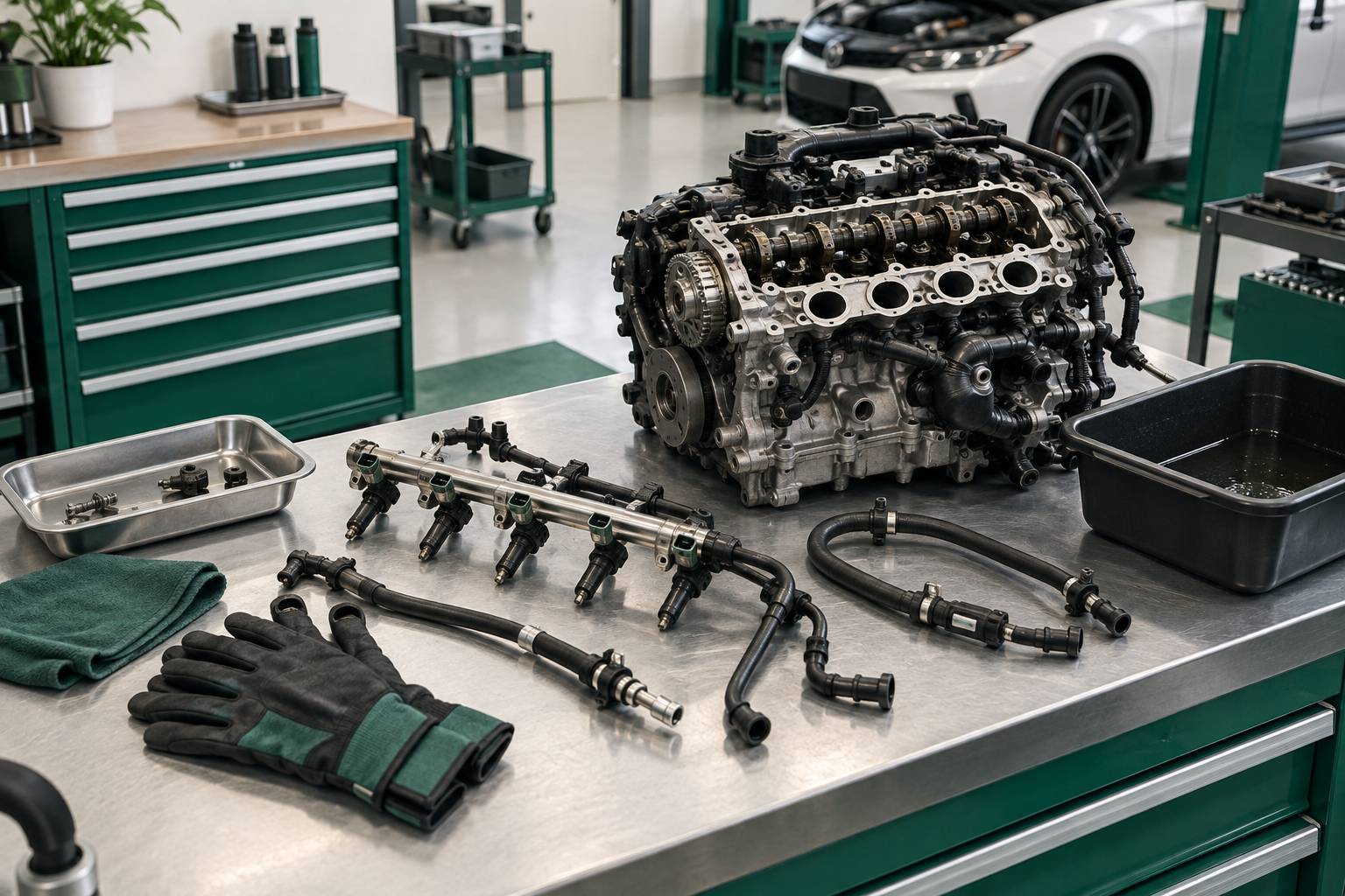 Rampe d'injecteurs déposée sur un établi d'atelier automobile