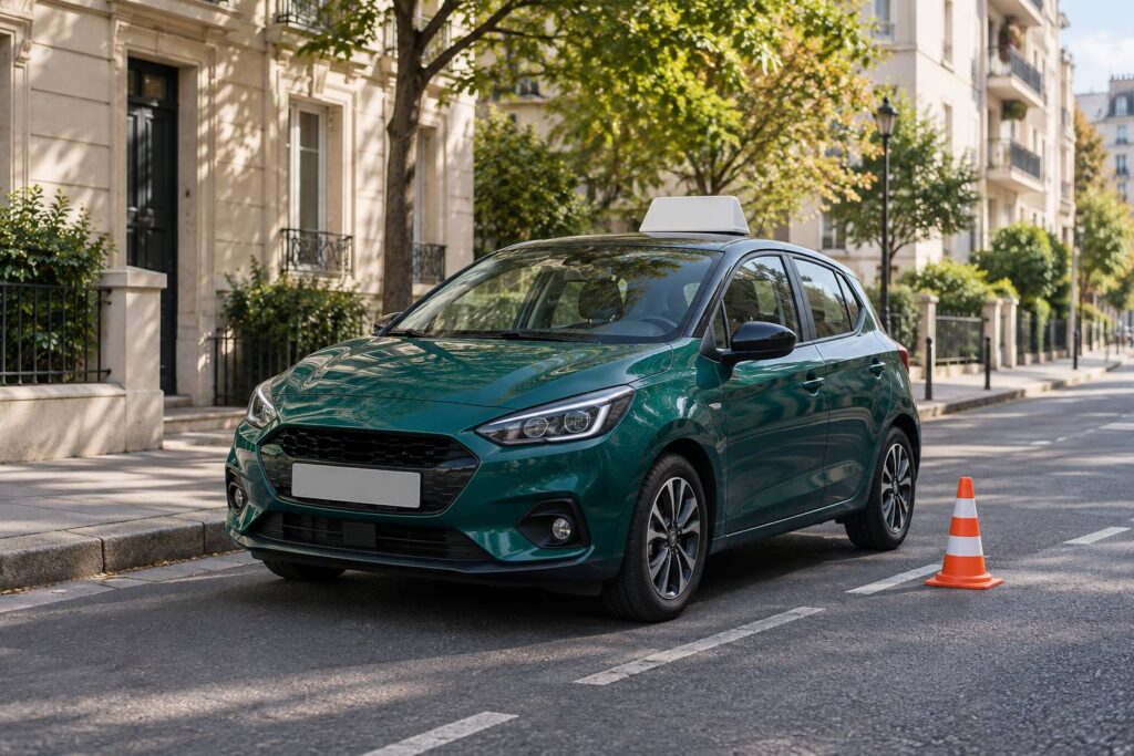 Voiture d'auto-école à enseigne vide stationnée en ville avec un cône