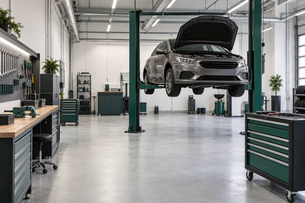 Atelier automobile propre avec capot ouvert sur pont elevateur