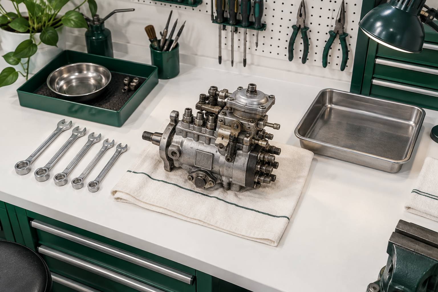 Pompe d'injection demontee sur un etabli avec cles a tuyauter