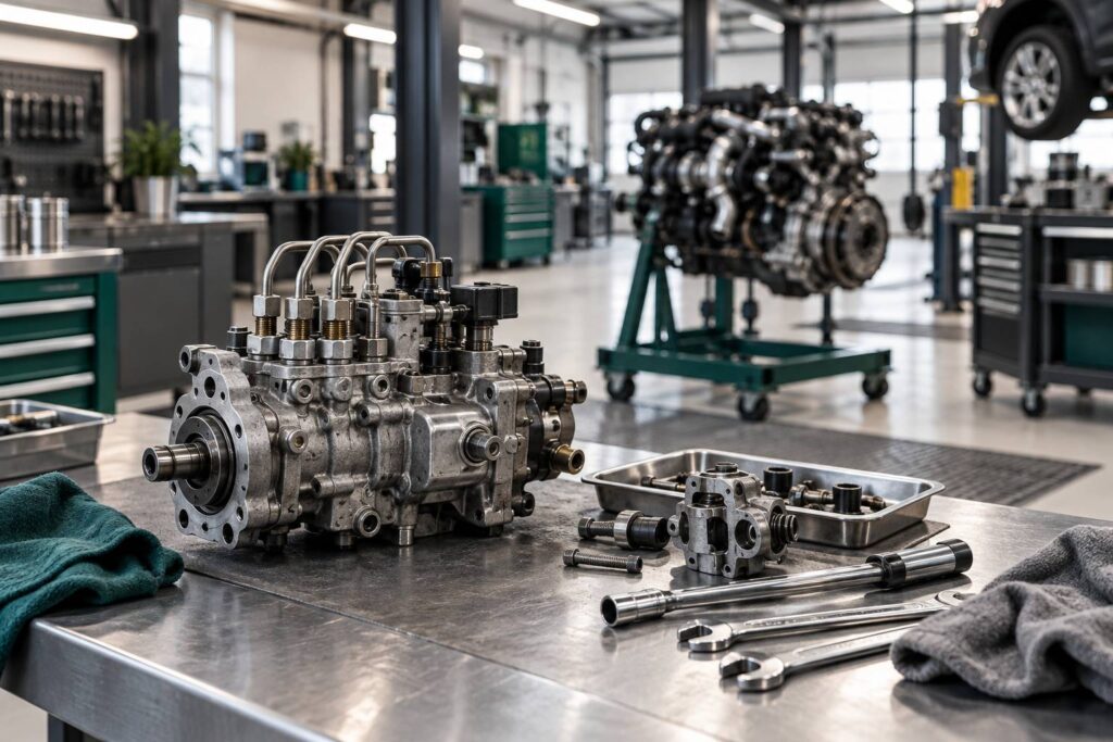 Pompe a injection diesel demontee sur un etabli d'atelier automobile
