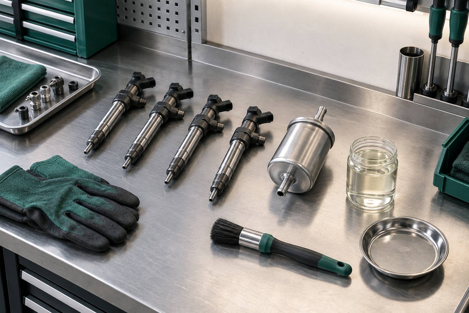 Injecteurs, filtre a carburant et outils alignes sur un etabli