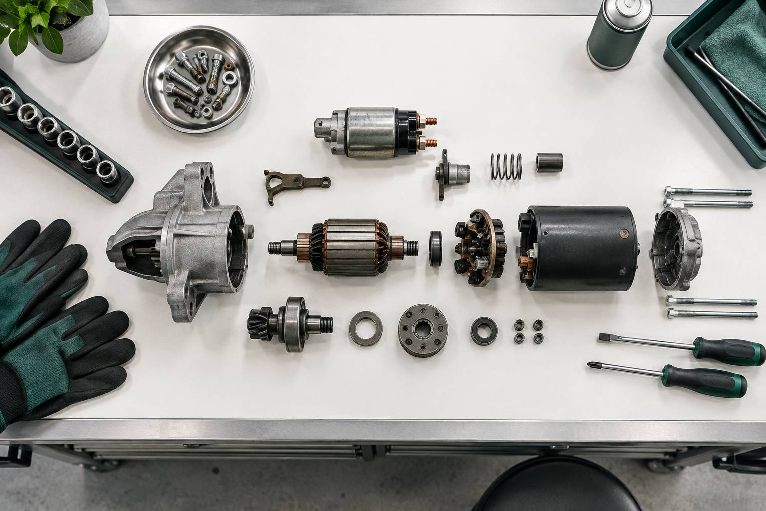 Demarreur demonte et outillage ranges sur un etabli d'atelier