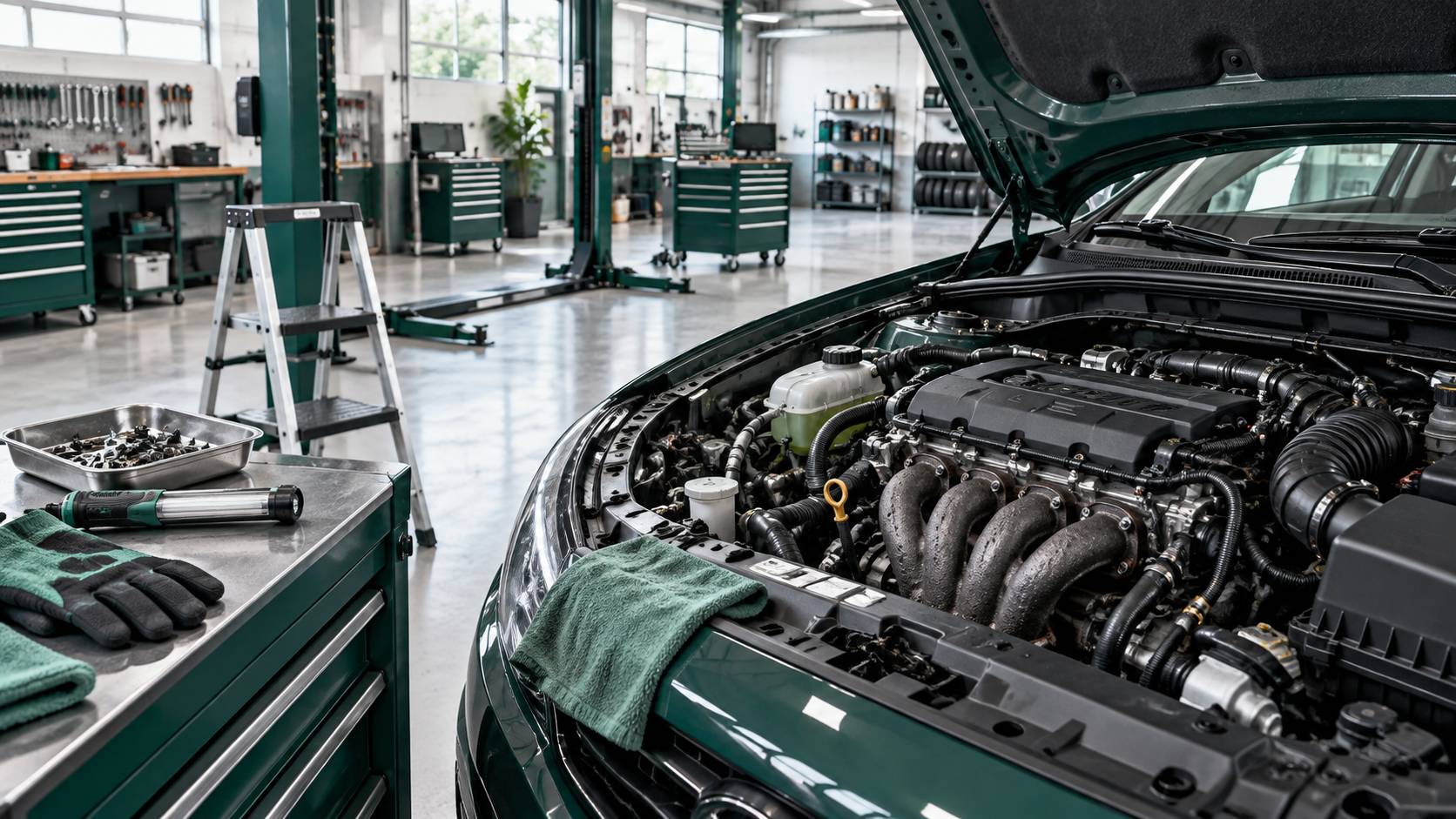 Compartiment moteur ouvert avec tubulure et outils dans un atelier