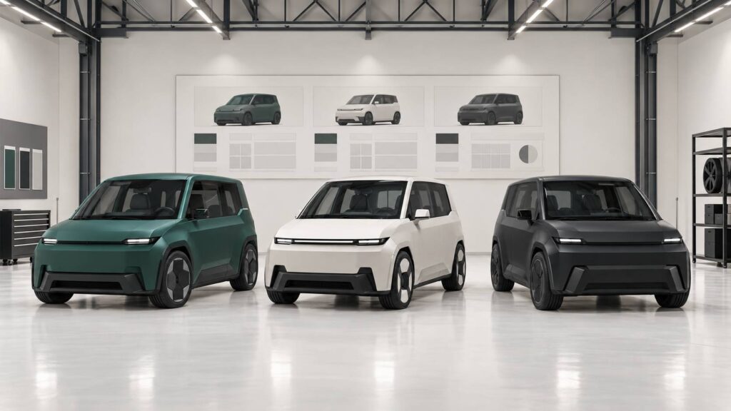 Voitures aux formes atypiques alignées dans un parking d'exposition intérieur clair
