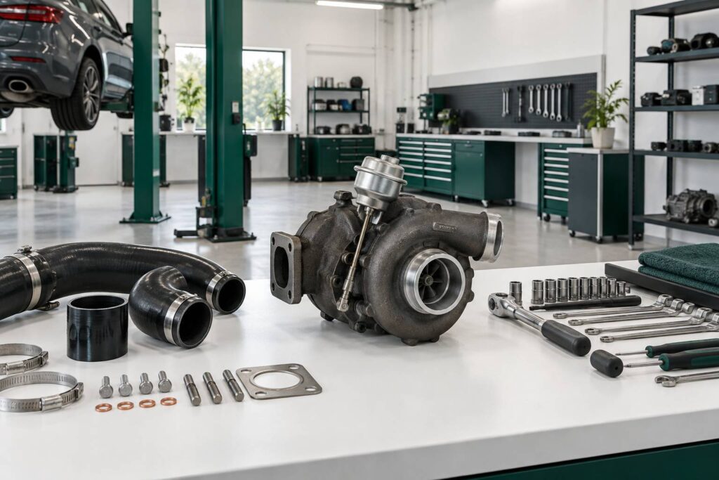 Turbocompresseur et capsule de commande poses sur un etabli d'atelier