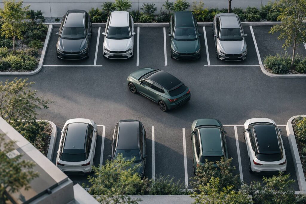 Parking exterieur vu de haut avec voitures alignees et lignes de stationnement