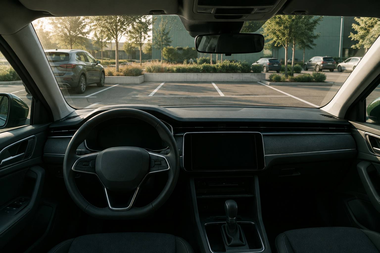Interieur de voiture avec volant et ecran eteint face a une place de parking