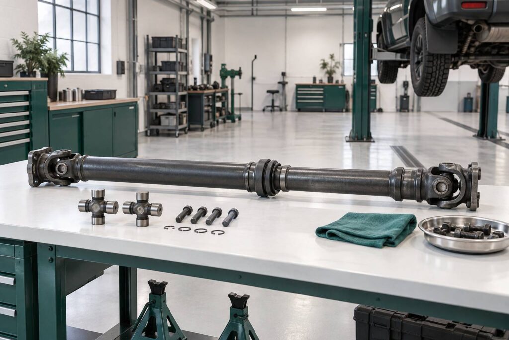 Arbre de transmission et cardans metalliques poses sur un etabli d'atelier automobile