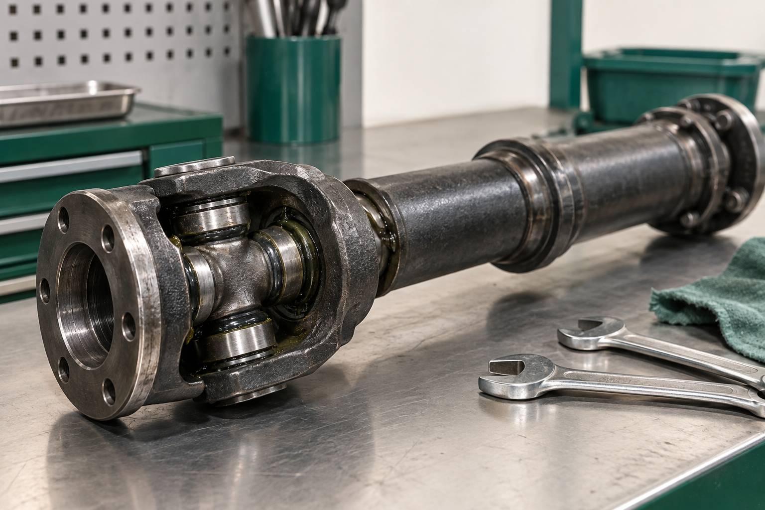 Gros plan d'un cardan de transmission avec croisillon et joint a rotule sur un etabli