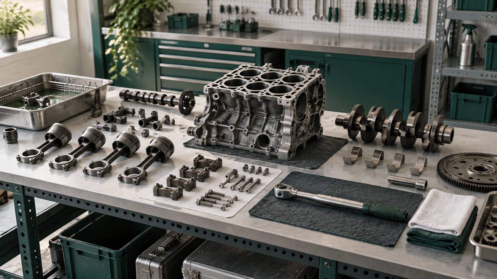 Etabli d'atelier avec pieces de moteur et outils