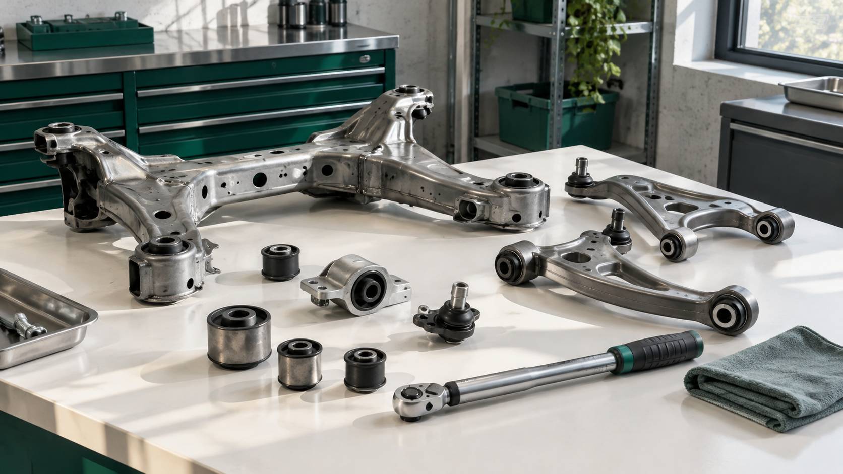 Elements de chassis et de suspension en acier sur un etabli d'atelier automobile