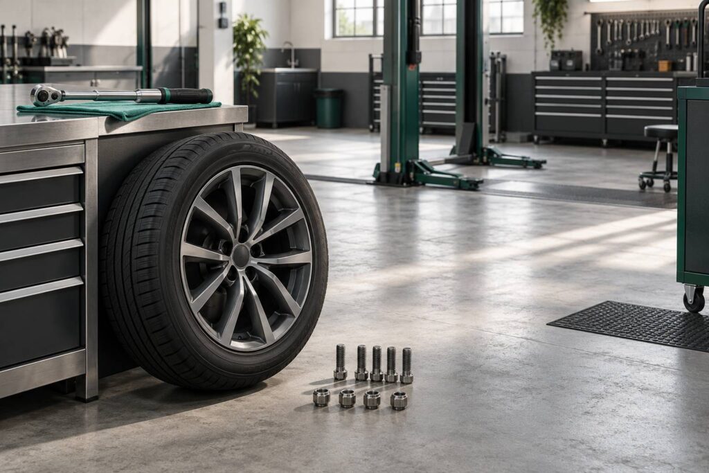 Roue demontee et cle dynamometrique dans un atelier automobile