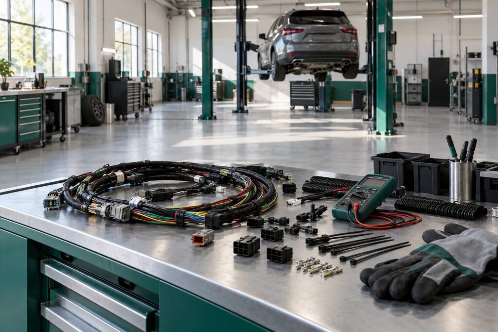 Atelier auto clair avec faisceau électrique, connecteurs et multimètre sur un établi