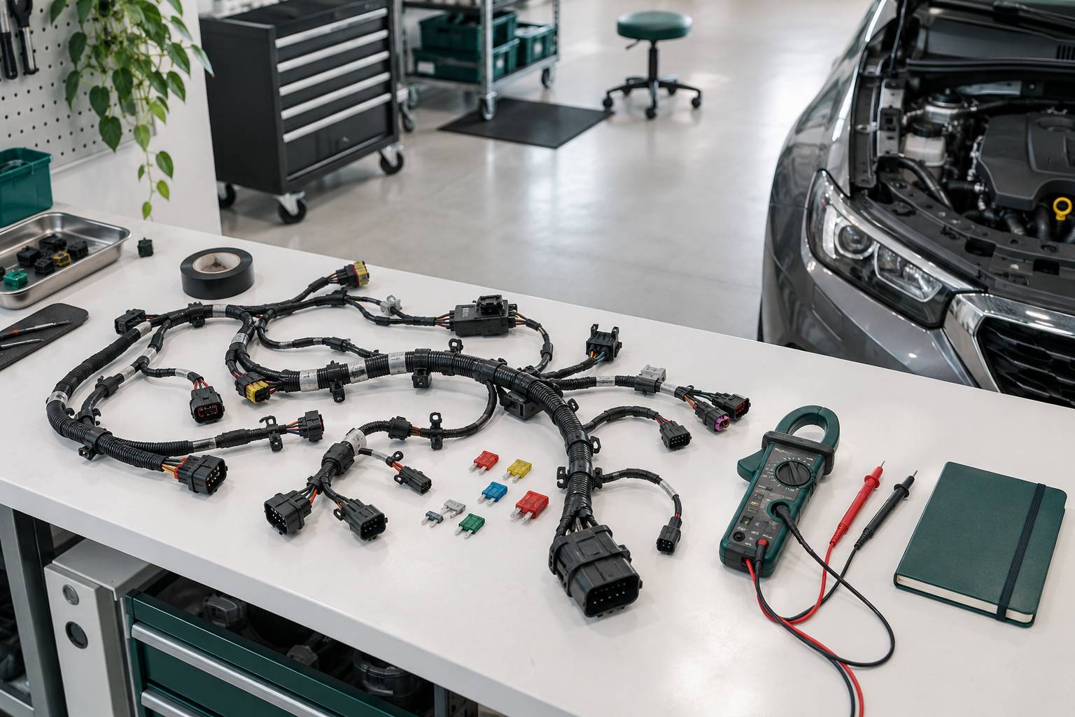 Faisceau électrique ouvert sur un établi de diagnostic avec outillage de mesure