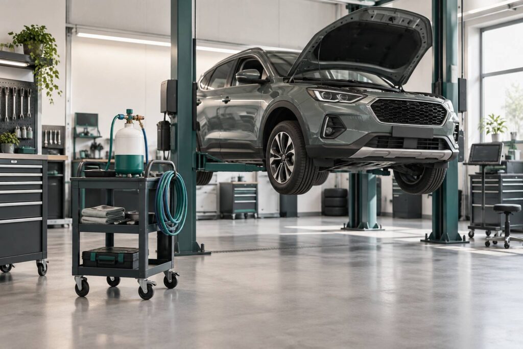Atelier automobile avec vehicule sur pont et bouteille de fluide de climatisation