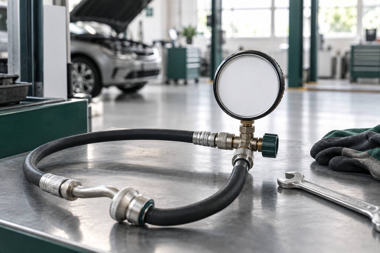 Gros plan sur un flexible de climatisation automobile et un manometre
