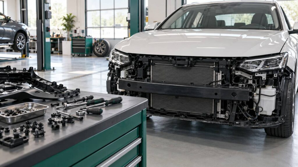 Avant d'une voiture générique avec calandre et outils de dépose dans un atelier clair