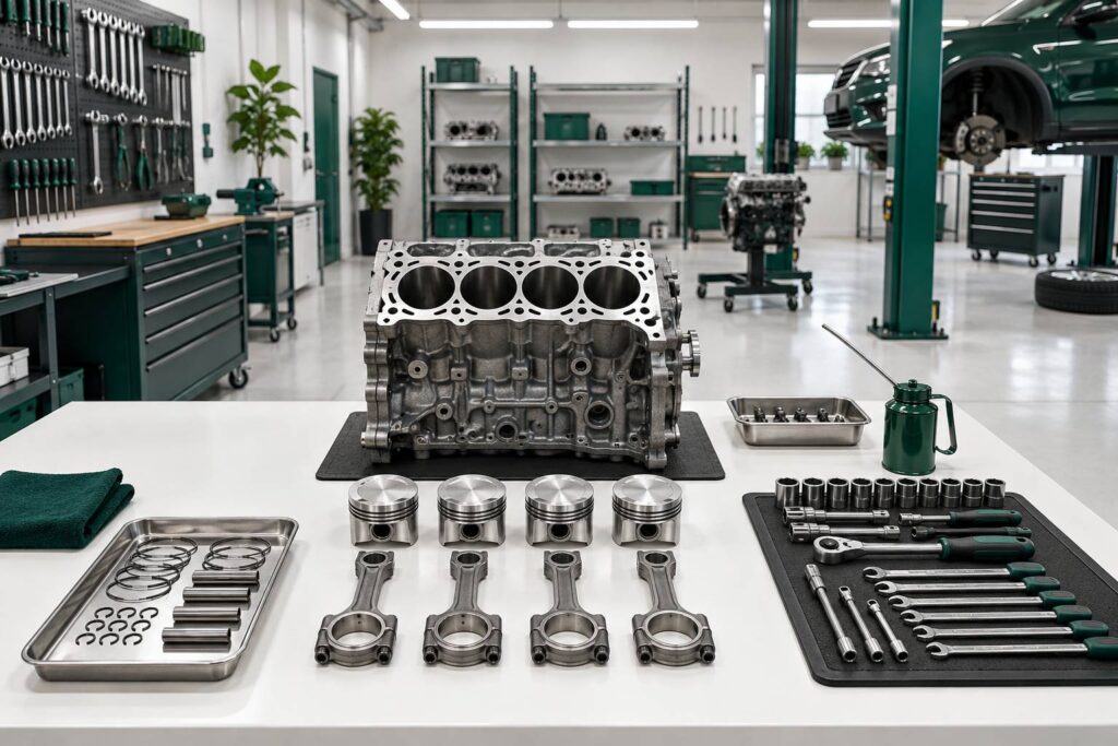 Atelier automobile avec bloc moteur ouvert et pistons sur un etabli
