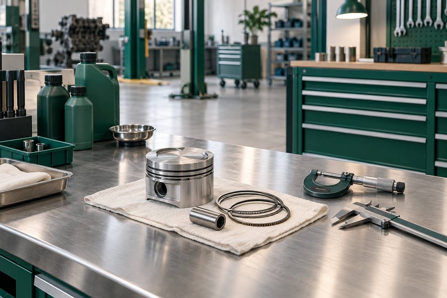 Piston et segments avec instrument de mesure sur un etabli