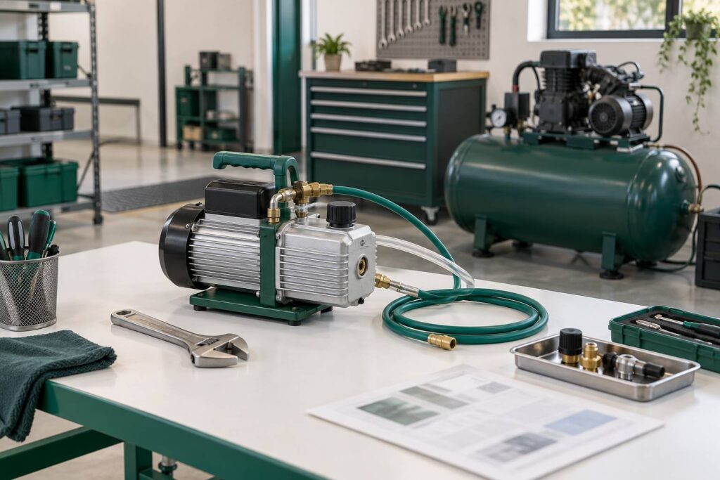 Pompe a vide et outils sur un etabli d'atelier mecanique propre