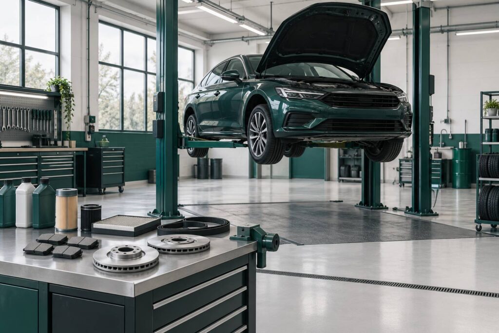 Atelier automobile avec berline generique sur pont elevateur