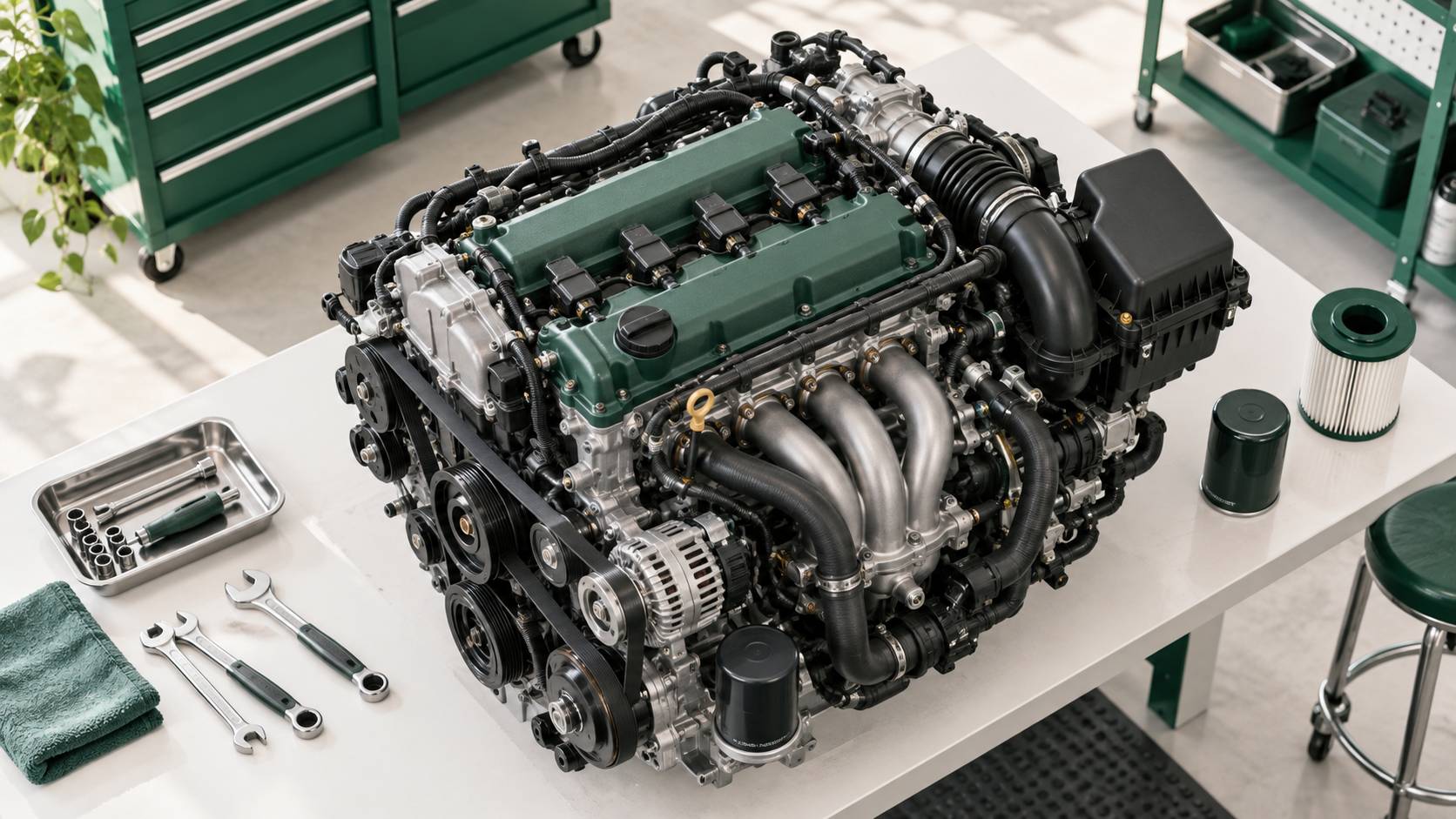 Moteur thermique generique vu de dessus avec pieces d'usure