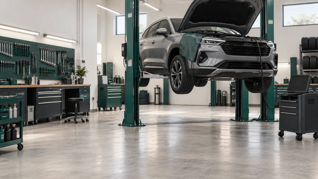 Atelier automobile avec vehicule sur pont et valise de diagnostic